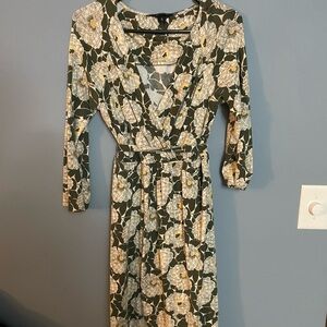 Lands' End Green Floral Long Sleeve Dress